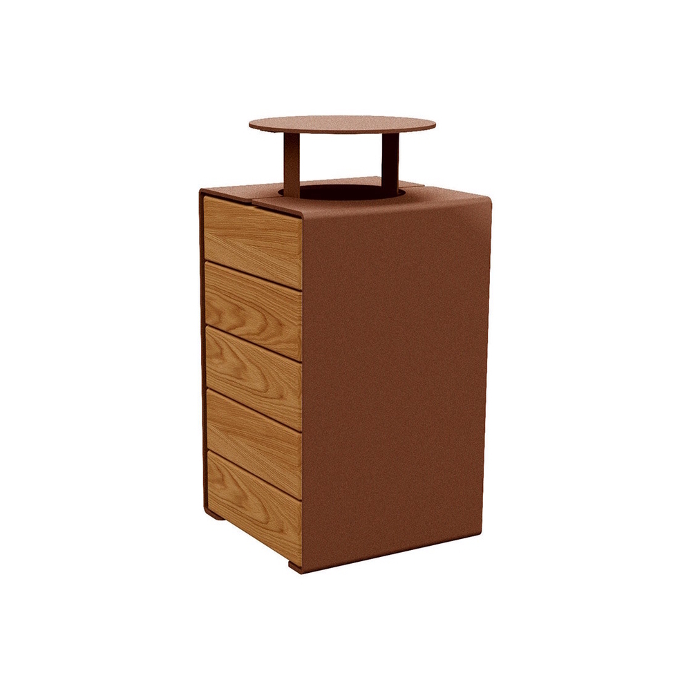 Corbeille KUB acier et bois Aspect Corten - lasuré chêne clair - Version couvercle - PROCITY - 306488.S025.CHEC
