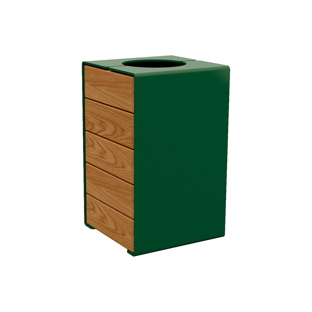 Corbeille KUB acier et bois RAL6005 - lasuré chêne clair - Version sans couvercle - PROCITY - 306489.6005.CHEC