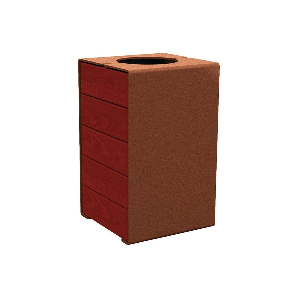 Corbeille KUB acier et bois Aspect Corten - lasuré acajou - Version sans couvercle - PROCITY - 306489.S025.ACAJ