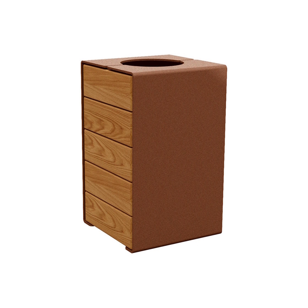 Corbeille KUB acier et bois Aspect Corten - lasuré chêne clair - Version sans couvercle - PROCITY - 306489.S025.CHEC