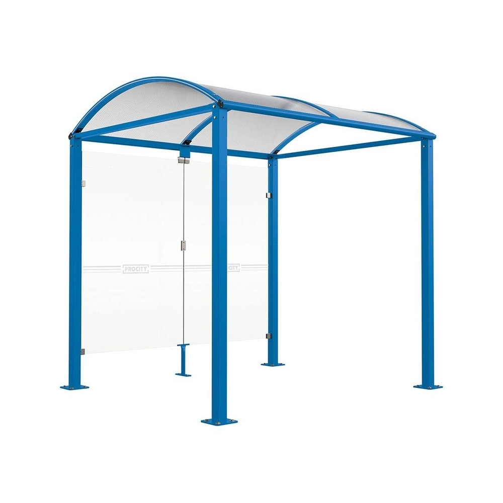 Abri vélos Voûte M bardages en verre RAL5010 - Abri vélos initial bardages de fond - Pieds fixes sur platines - PROCITY - 529020.5010
