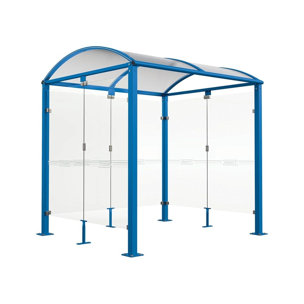 Abri vélos Voûte M bardages en verre RAL5010 - Tout-en-un Abri initial + bardages latéraux et de fond - Pieds fixes sur platines - PROCITY - 529022.5010