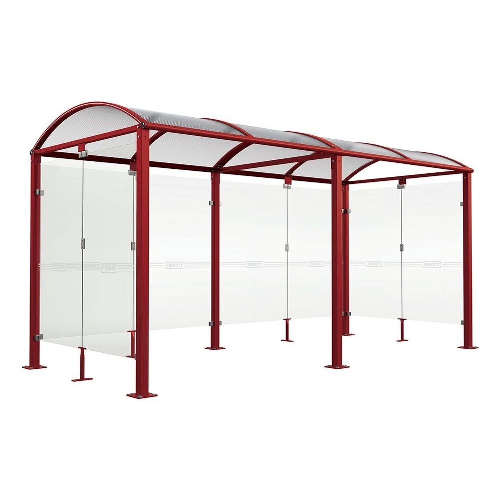 Abri vélos Voûte M bardages en verre RAL3004 - Tout-en-un Abri initial + 1 extension + bardages latéraux et de fond - Pieds fixes sur platines - PROCITY - 529023.3004