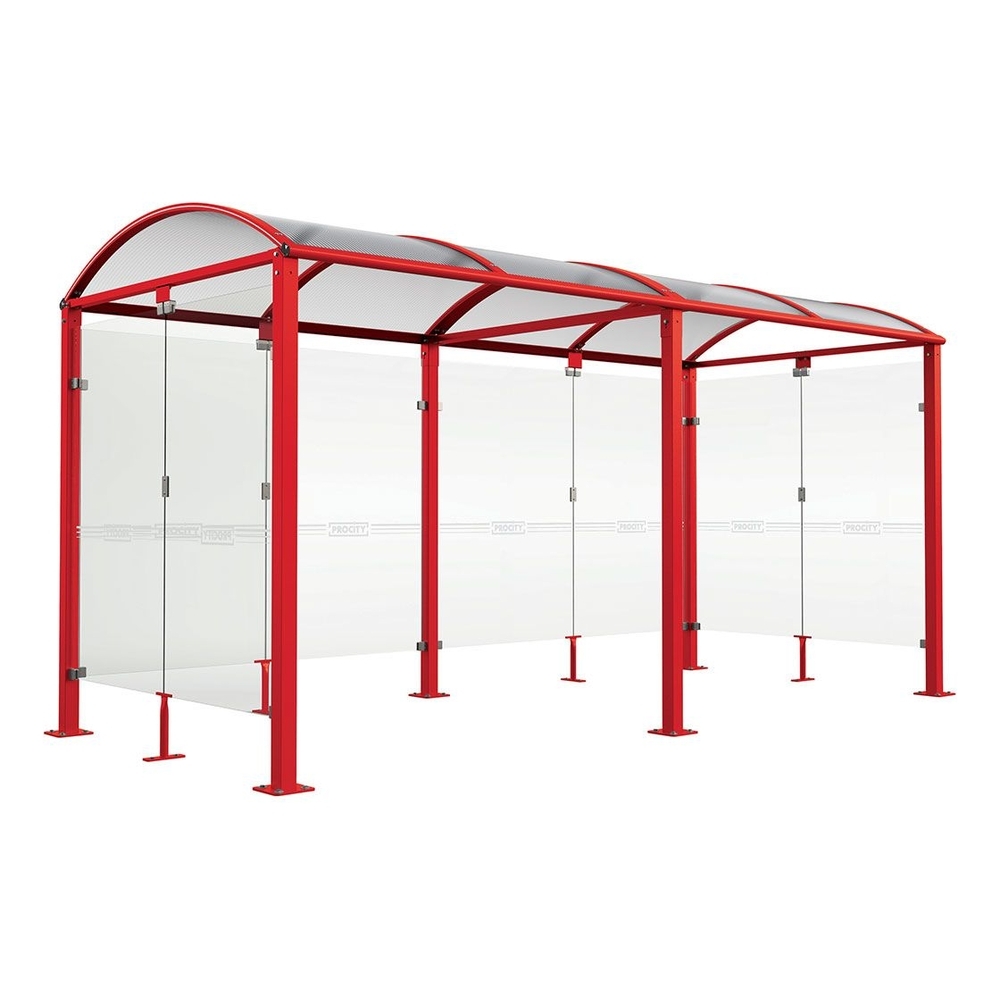 Abri vélos Voûte M bardages en verre RAL3020 - Tout-en-un Abri initial + 1 extension + bardages latéraux et de fond - Pieds fixes sur platines - PROCITY - 529023.3020