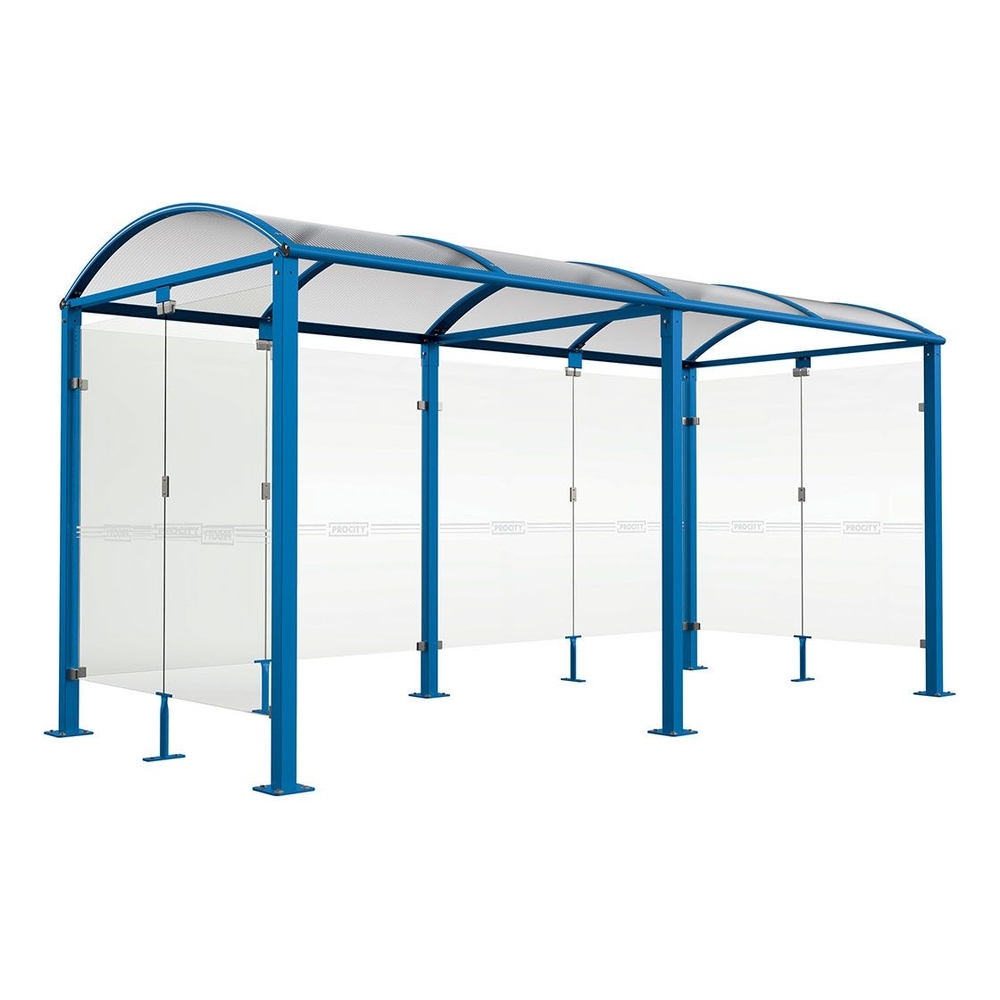 Abri vélos Voûte M bardages en verre RAL5010 - Tout-en-un Abri initial + 1 extension + bardages latéraux et de fond - Pieds fixes sur platines - PROCITY - 529023.5010