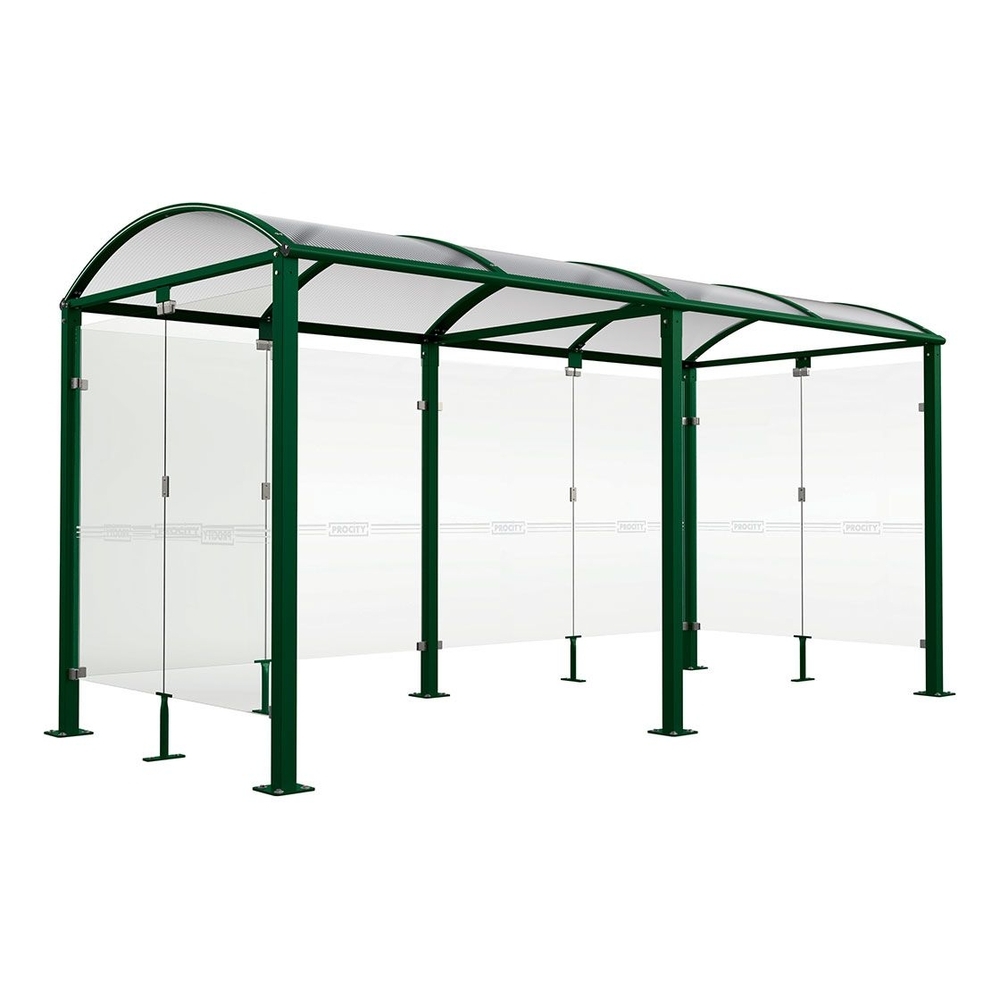 Abri vélos Voûte M bardages en verre RAL6005 - Tout-en-un Abri initial + 1 extension + bardages latéraux et de fond - Pieds fixes sur platines - PROCITY - 529023.6005