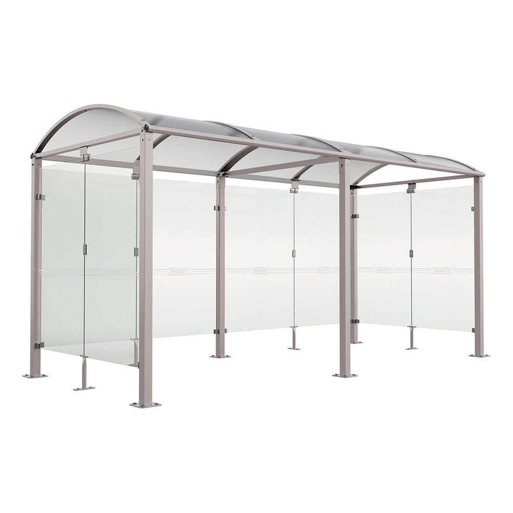 Abri vélos Voûte M bardages en verre RAL7044 - Tout-en-un Abri initial + 1 extension + bardages latéraux et de fond - Pieds fixes sur platines - PROCITY - 529023.7044