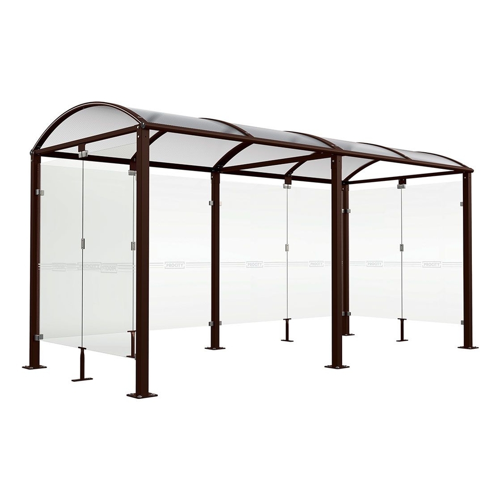 Abri vélos Voûte M bardages en verre RAL8017 - Tout-en-un Abri initial + 1 extension + bardages latéraux et de fond - Pieds fixes sur platines - PROCITY - 529023.8017