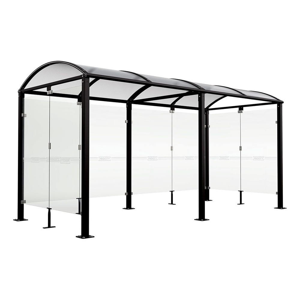 Abri vélos Voûte M bardages en verre RAL9005 - Tout-en-un Abri initial + 1 extension + bardages latéraux et de fond - Pieds fixes sur platines - PROCITY - 529023.9005