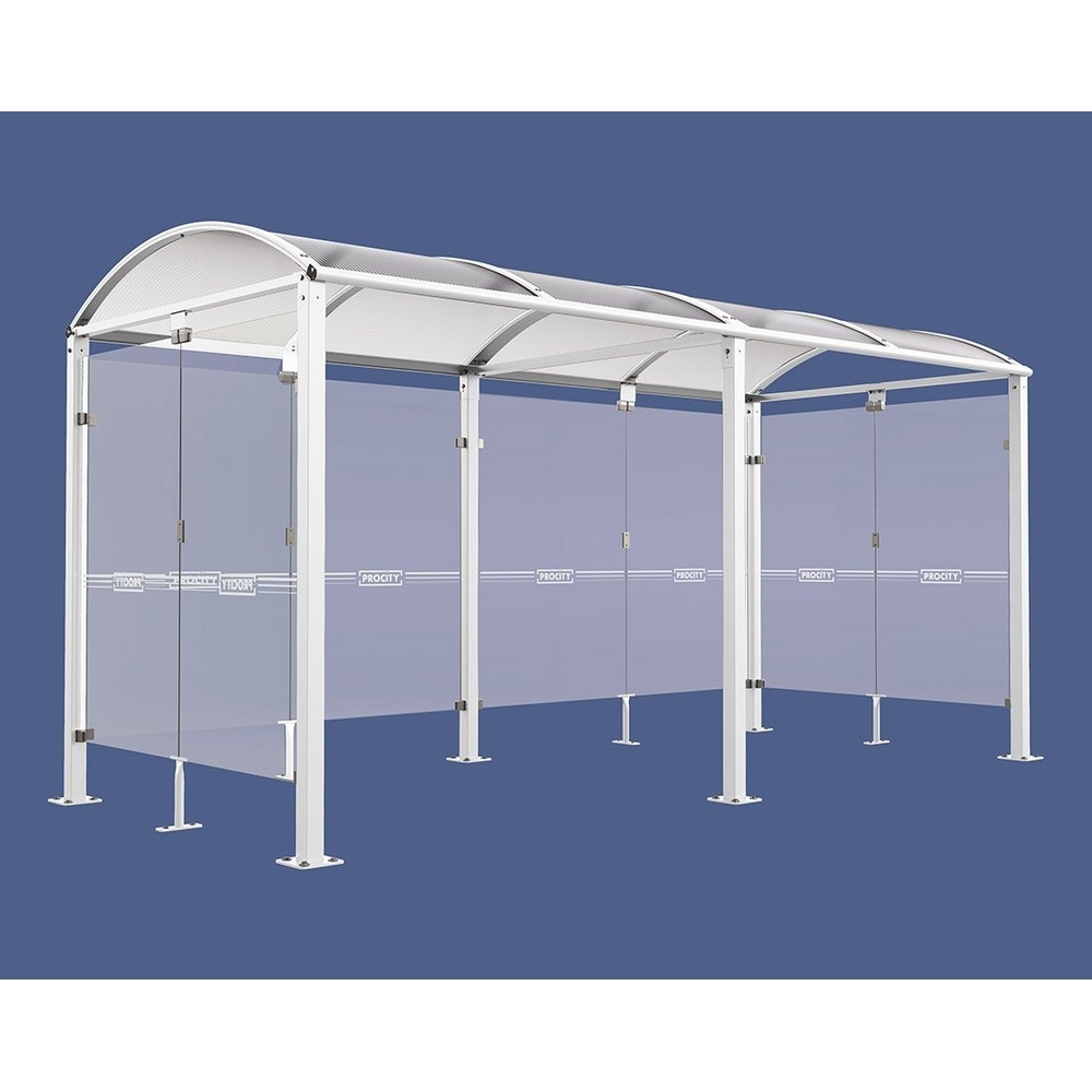 Abri vélos Voûte M bardages en verre RAL9010 - Tout-en-un Abri initial + 1 extension + bardages latéraux et de fond - Pieds fixes sur platines - PROCITY - 529023.9010