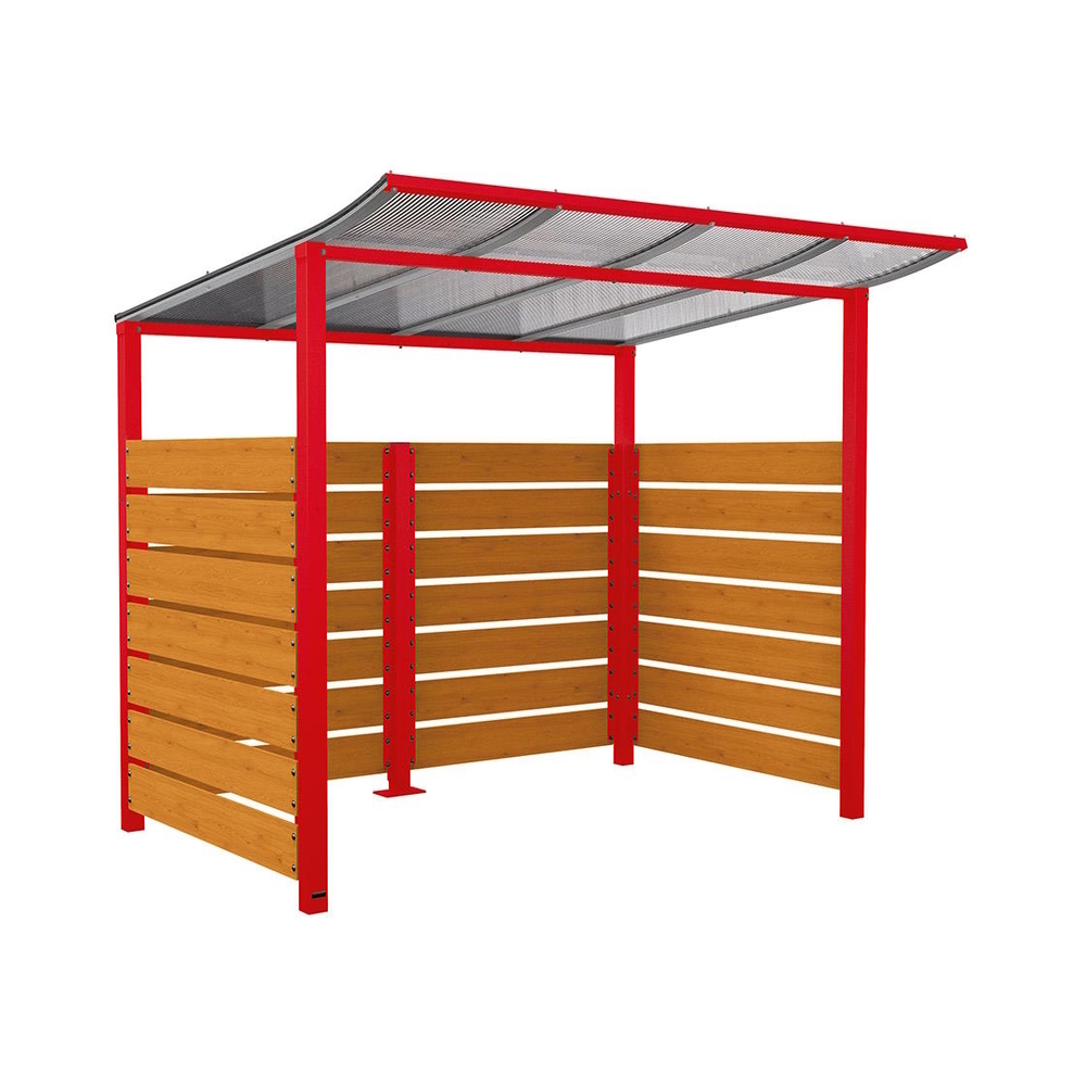 Abri vélos Modulo bardages en stratifié compact RAL3020 - Stratifié chêne clair - Initial + bardage de fond et latéraux - Scellement direct - Prof 2000mm - PROCITY - 529213.3020.CHEC