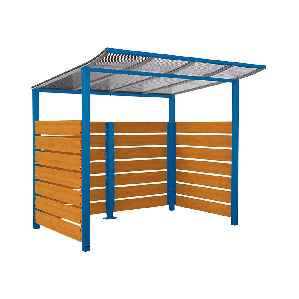 Abri vélos Modulo bardages en stratifié compact RAL5010 - Stratifié chêne clair - Initial + bardage de fond et latéraux - Scellement direct - Prof 2000mm - PROCITY - 529213.5010.CHEC