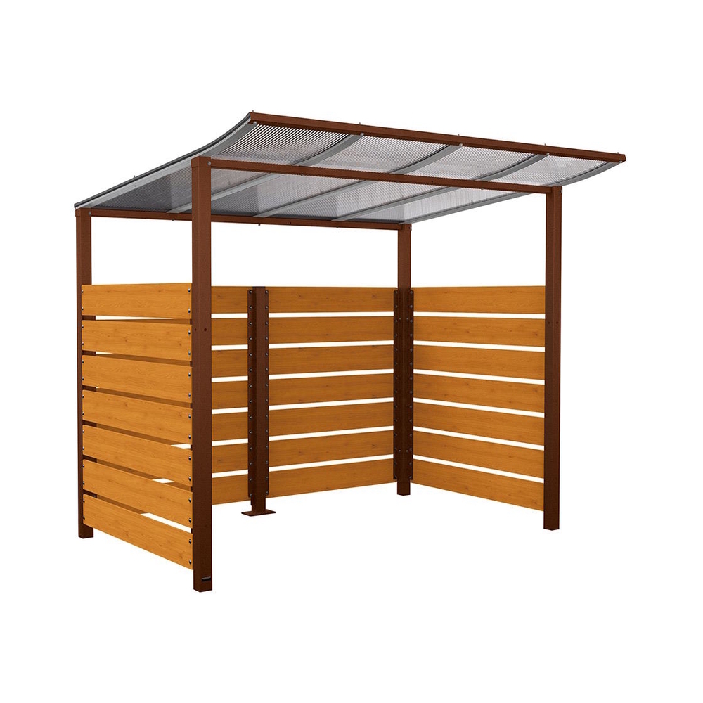 Abri vélos Modulo bardages en stratifié compact Aspect Corten - Stratifié chêne clair - Initial + bardage de fond et latéraux - Scellement direct - Prof 2000mm - PROCITY - 529213.S025.CHEC