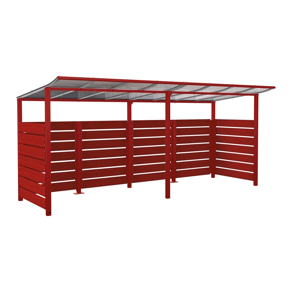 Abri vélos Modulo bardages en stratifié compact RAL3004 - Stratifié chêne clair - initial + compl + bardages de fond et latéraux - Scellement direct - Prof 2000mm - PROCITY - 529214.3004.CHEC