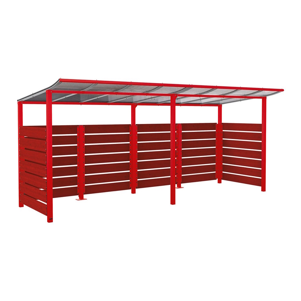 Abri vélos Modulo bardages en stratifié compact RAL3020 - Stratifié chêne clair - initial + compl + bardages de fond et latéraux - Scellement direct - Prof 2000mm - PROCITY - 529214.3020.CHEC