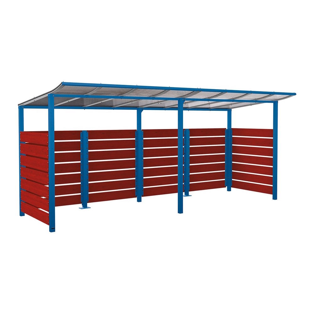 Abri vélos Modulo bardages en stratifié compact RAL5010 - Stratifié chêne clair - initial + compl + bardages de fond et latéraux - Scellement direct - Prof 2000mm - PROCITY - 529214.5010.CHEC