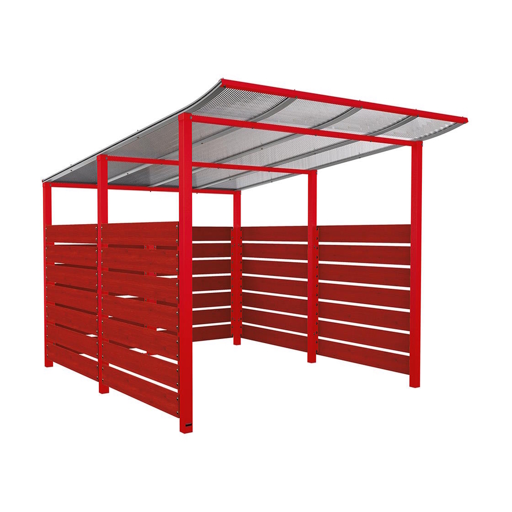 Abri vélos Modulo bardages en stratifié compact RAL3020 - Stratifié acajou - Initial + bardage de fond et latéraux - Scellement direct - Prof 3400mm - PROCITY - 529216.3020.ACAJ