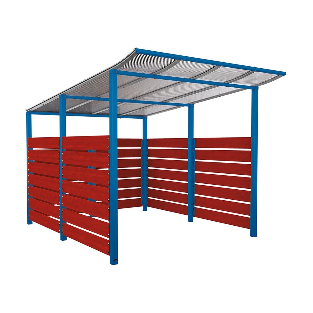 Abri vélos Modulo bardages en stratifié compact RAL5010 - Stratifié acajou - Initial + bardage de fond et latéraux - Scellement direct - Prof 3400mm - PROCITY - 529216.5010.ACAJ