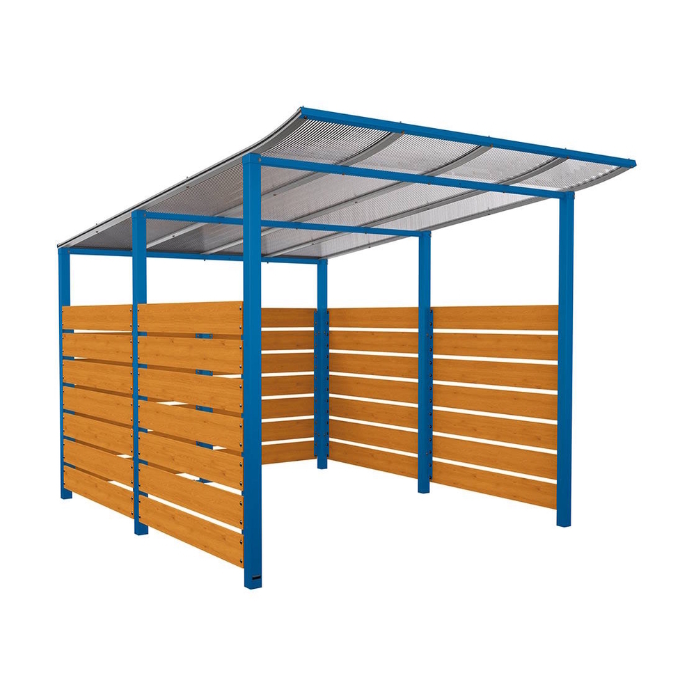 Abri vélos Modulo bardages en stratifié compact RAL5010 - Stratifié chêne clair - Initial + bardage de fond et latéraux - Scellement direct - Prof 3400mm - PROCITY - 529216.5010.CHEC
