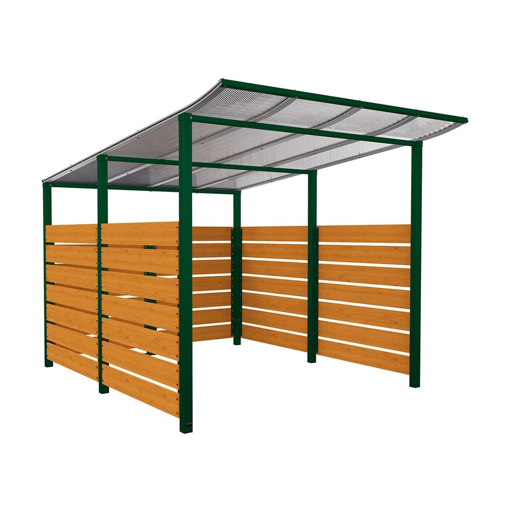 Abri vélos Modulo bardages en stratifié compact RAL6005 - Stratifié chêne clair - Initial + bardage de fond et latéraux - Scellement direct - Prof 3400mm - PROCITY - 529216.6005.CHEC