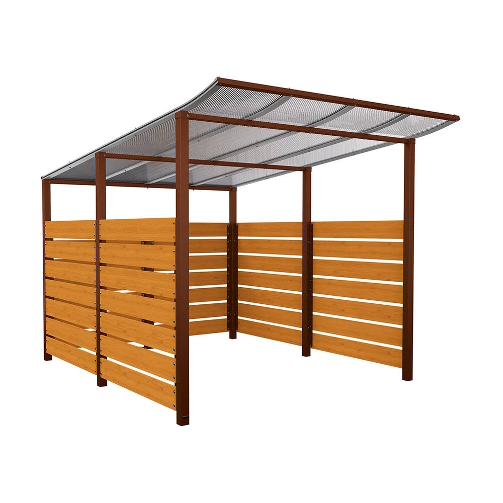 Abri vélos Modulo bardages en stratifié compact Aspect Corten - Stratifié chêne clair - Initial + bardage de fond et latéraux - Scellement direct - Prof 3400mm - PROCITY - 529216.S025.CHEC