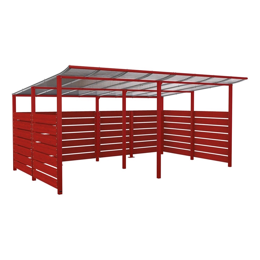 Abri vélos Modulo bardages en stratifié compact RAL3004 - Stratifié acajou - initial + compl + bardages de fond et latéraux - Scellement direct - Prof 3400mm - PROCITY - 529217.3004.ACAJ