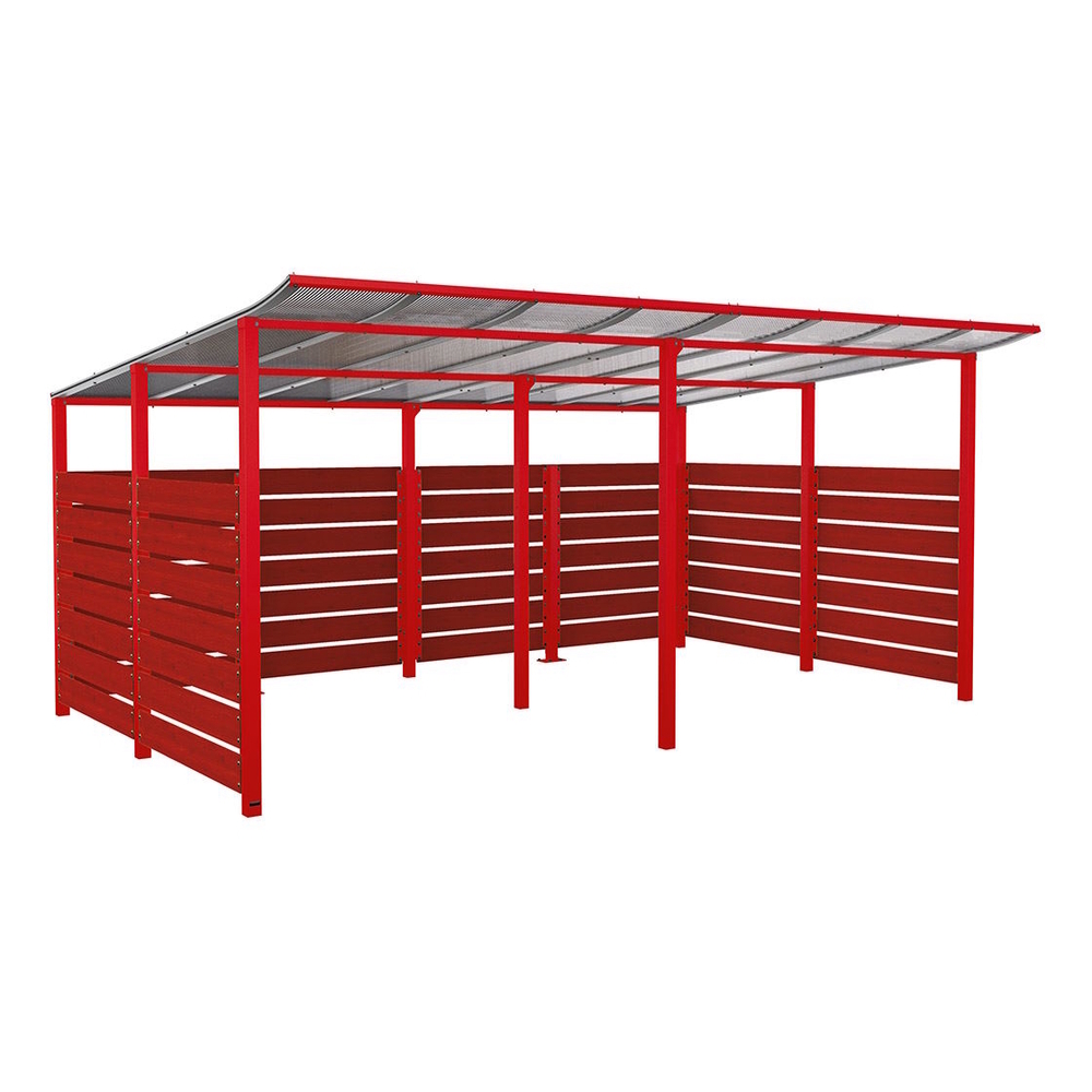 Abri vélos Modulo bardages en stratifié compact RAL3020 - Stratifié acajou - initial + compl + bardages de fond et latéraux - Scellement direct - Prof 3400mm - PROCITY - 529217.3020.ACAJ