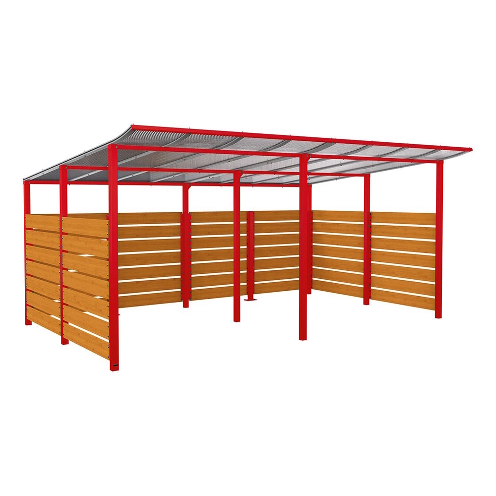 Abri vélos Modulo bardages en stratifié compact RAL3020 - Stratifié chêne clair - initial + compl + bardages de fond et latéraux - Scellement direct - Prof 3400mm - PROCITY - 529217.3020.CHEC