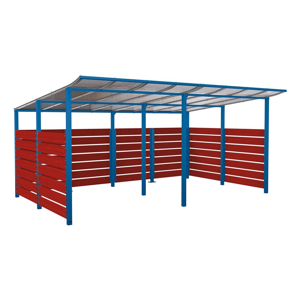 Abri vélos Modulo bardages en stratifié compact RAL5010 - Stratifié acajou - initial + compl + bardages de fond et latéraux - Scellement direct - Prof 3400mm - PROCITY - 529217.5010.ACAJ