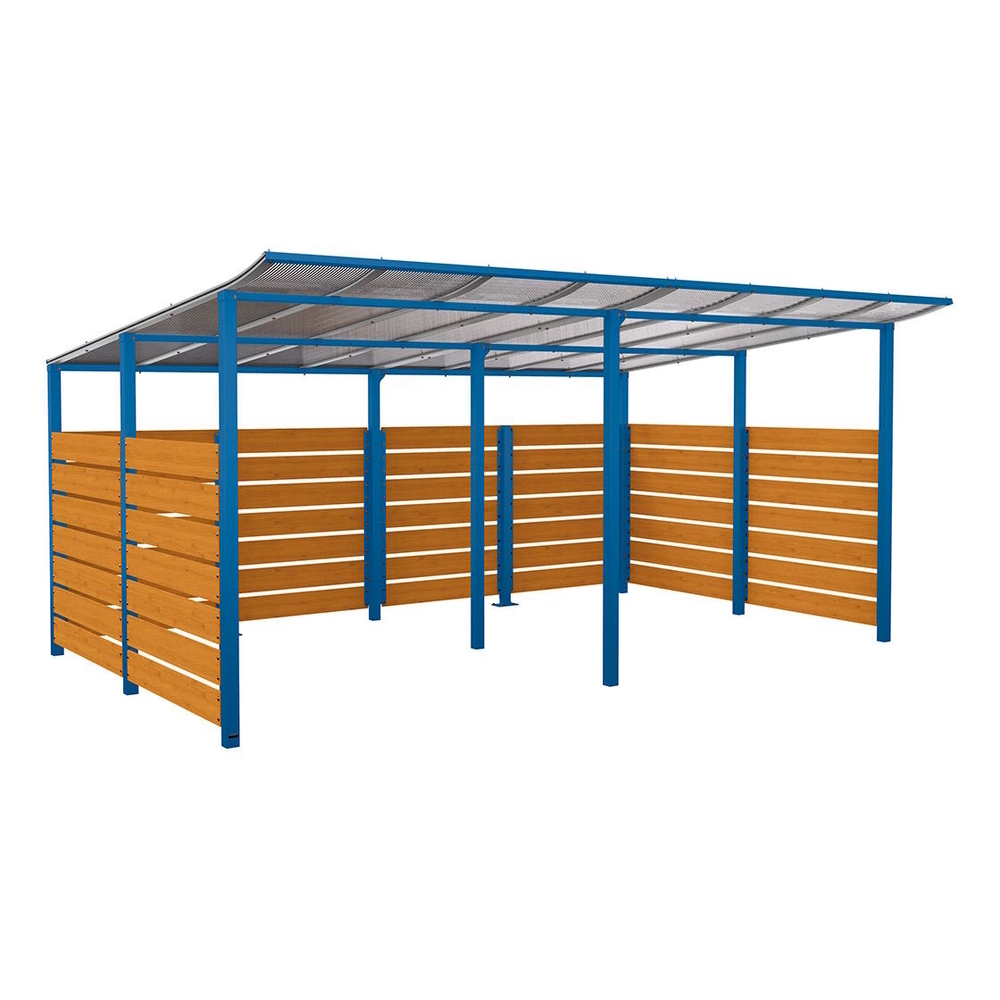 Abri vélos Modulo bardages en stratifié compact RAL5010 - Stratifié chêne clair - initial + compl + bardages de fond et latéraux - Scellement direct - Prof 3400mm - PROCITY - 529217.5010.CHEC