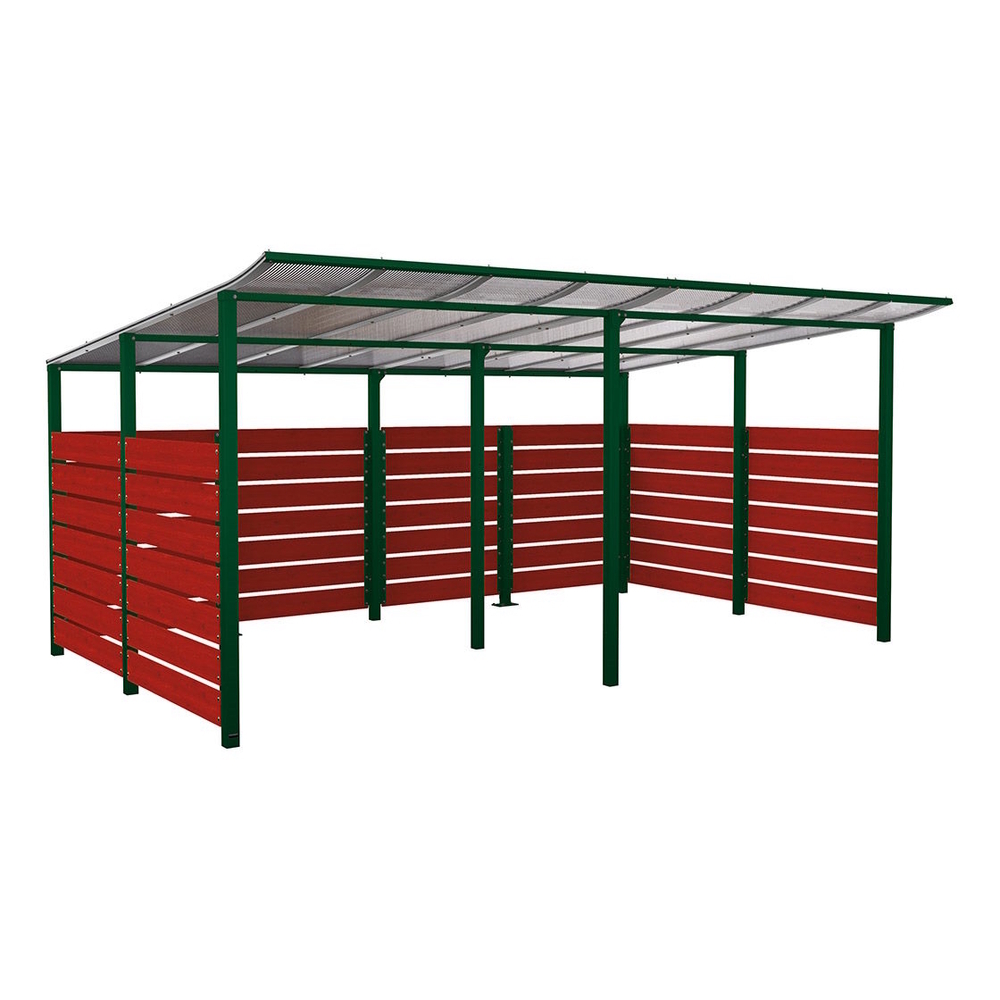 Abri vélos Modulo bardages en stratifié compact RAL6005 - Stratifié acajou - initial + compl + bardages de fond et latéraux - Scellement direct - Prof 3400mm - PROCITY - 529217.6005.ACAJ