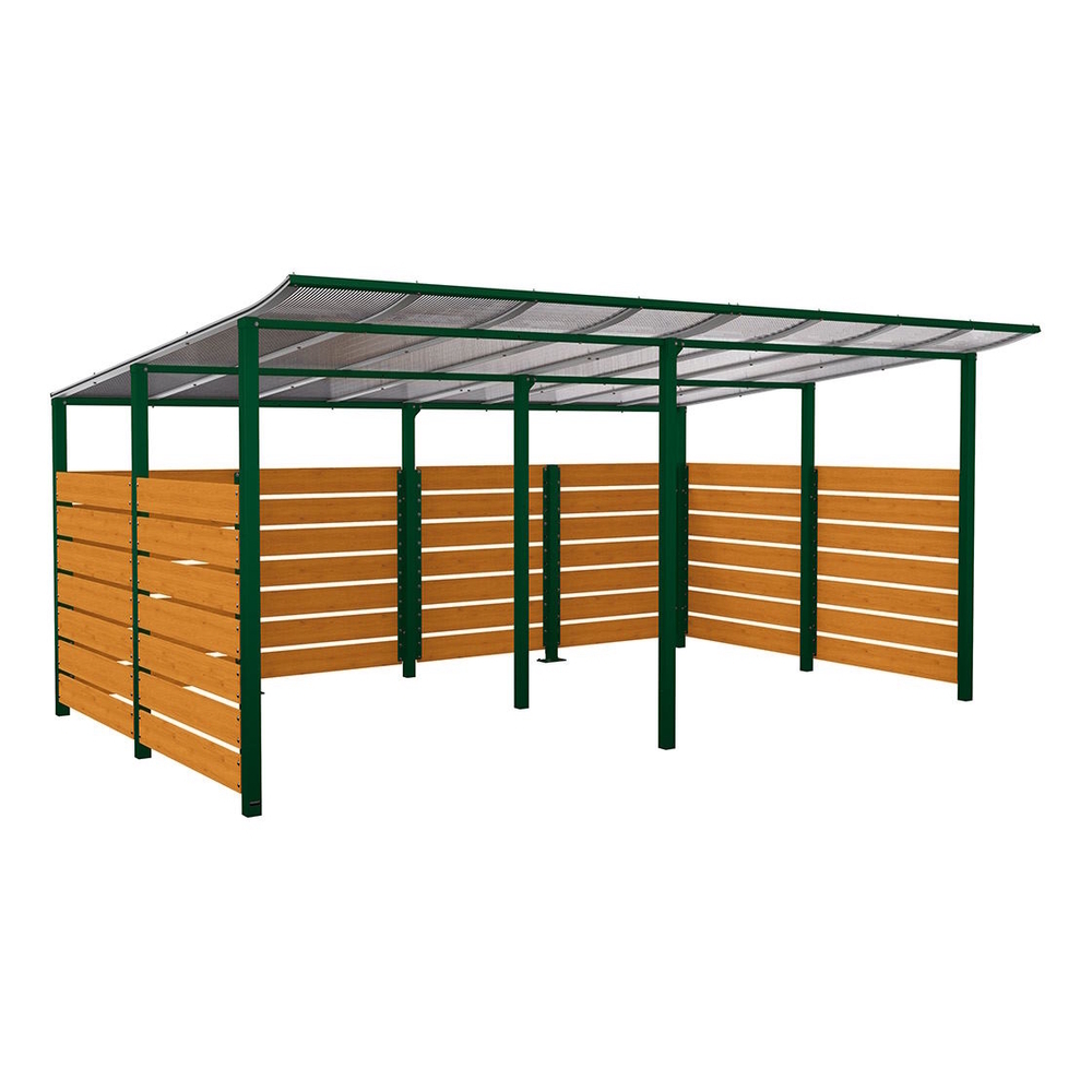 Abri vélos Modulo bardages en stratifié compact RAL6005 - Stratifié chêne clair - initial + compl + bardages de fond et latéraux - Scellement direct - Prof 3400mm - PROCITY - 529217.6005.CHEC