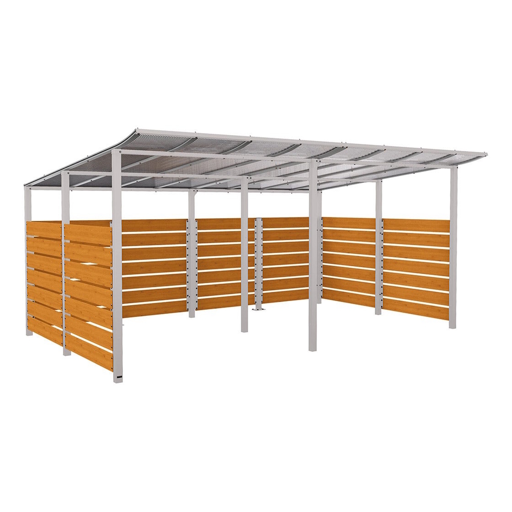 Abri vélos Modulo bardages en stratifié compact RAL7044 - Stratifié chêne clair - initial + compl + bardages de fond et latéraux - Scellement direct - Prof 3400mm - PROCITY - 529217.7044.CHEC