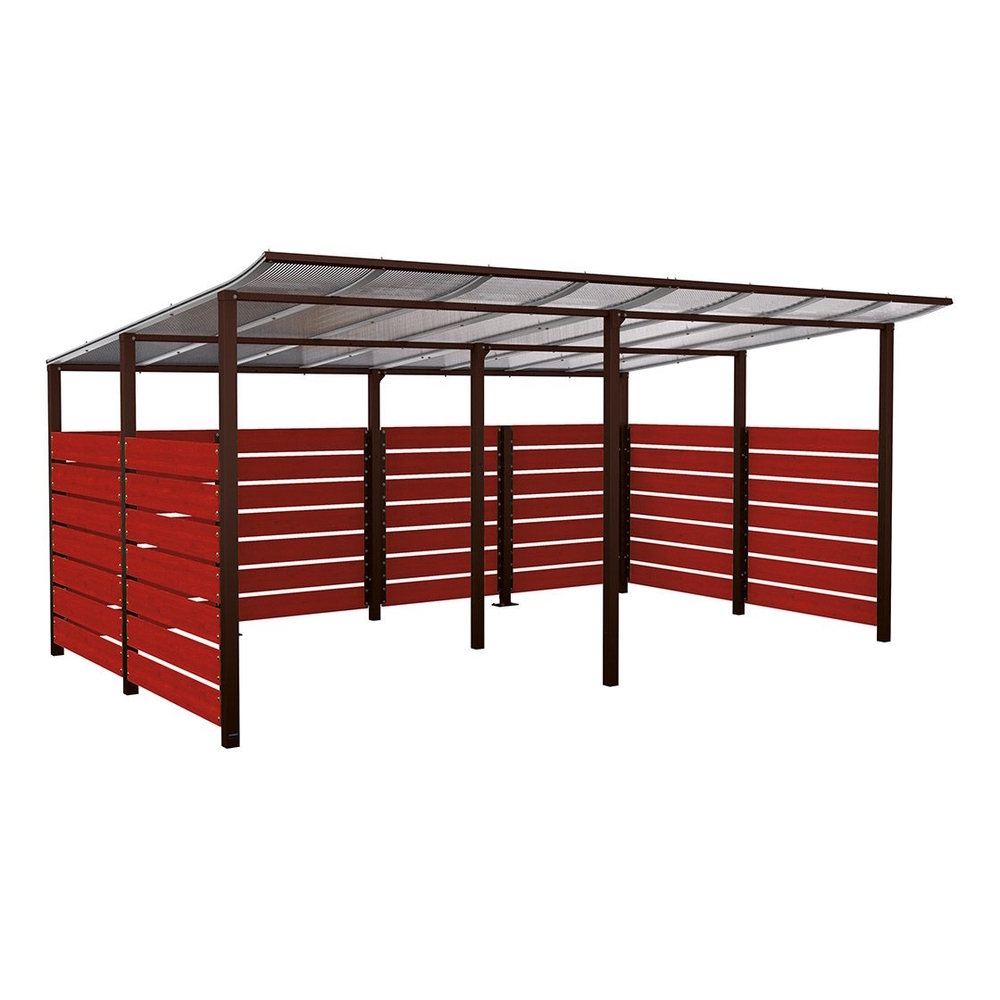 Abri vélos Modulo bardages en stratifié compact RAL8017 - Stratifié acajou - initial + compl + bardages de fond et latéraux - Scellement direct - Prof 3400mm - PROCITY - 529217.8017.ACAJ