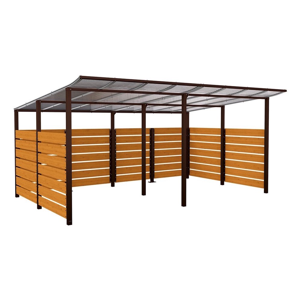Abri vélos Modulo bardages en stratifié compact RAL8017 - Stratifié chêne clair - initial + compl + bardages de fond et latéraux - Scellement direct - Prof 3400mm - PROCITY - 529217.8017.CHEC