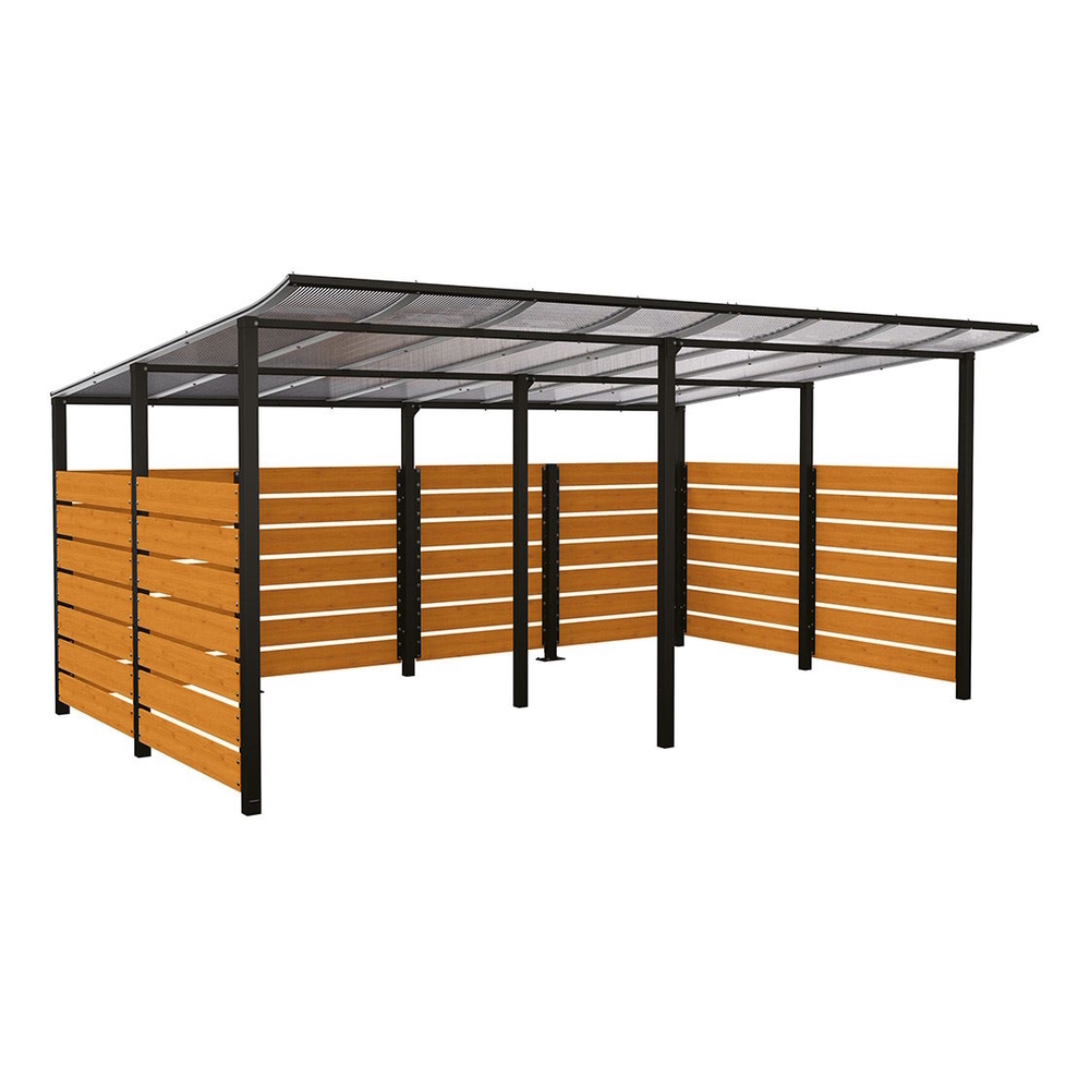 Abri vélos Modulo bardages en stratifié compact RAL9005 - Stratifié chêne clair - initial + compl + bardages de fond et latéraux - Scellement direct - Prof 3400mm - PROCITY - 529217.9005.CHEC