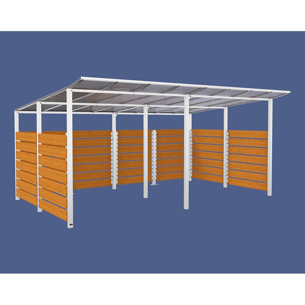 Abri vélos Modulo bardages en stratifié compact RAL9010 - Stratifié chêne clair - initial + compl + bardages de fond et latéraux - Scellement direct - Prof 3400mm - PROCITY - 529217.9010.CHEC