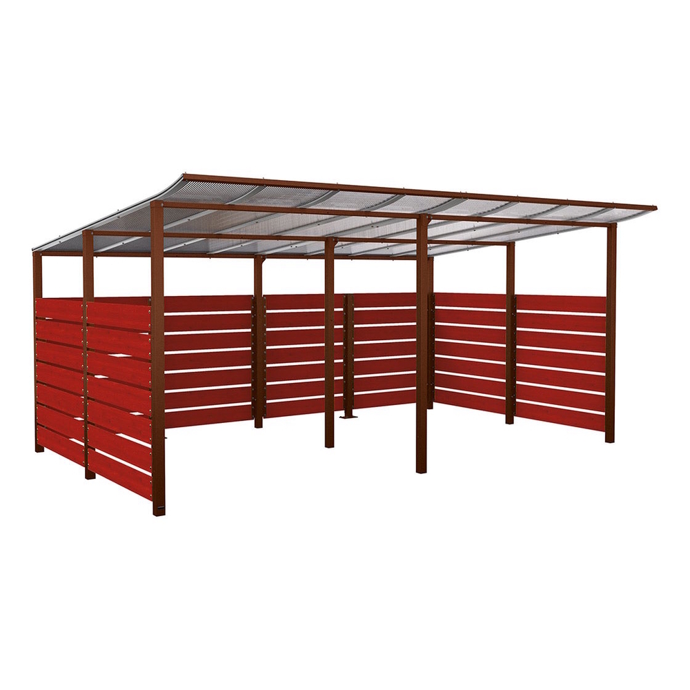 Abri vélos Modulo bardages en stratifié compact Aspect Corten - Stratifié acajou - initial + compl + bardages de fond et latéraux - Scellement direct - Prof 3400mm - PROCITY - 529217.S025.ACAJ