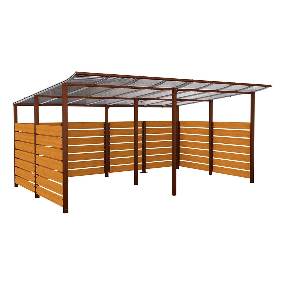 Abri vélos Modulo bardages en stratifié compact Aspect Corten - Stratifié chêne clair - initial + compl + bardages de fond et latéraux - Scellement direct - Prof 3400mm - PROCITY - 529217.S025.CHEC