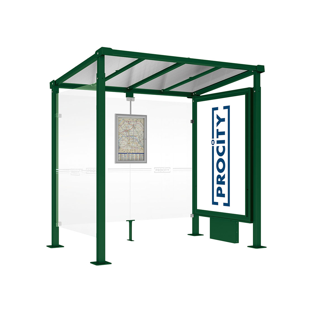 Station bus Milan RAL6005 - 2500 mm - Caisson d'infos lumineux VIP sur pied central + bardage latéral - PROCITY - 529230.6005