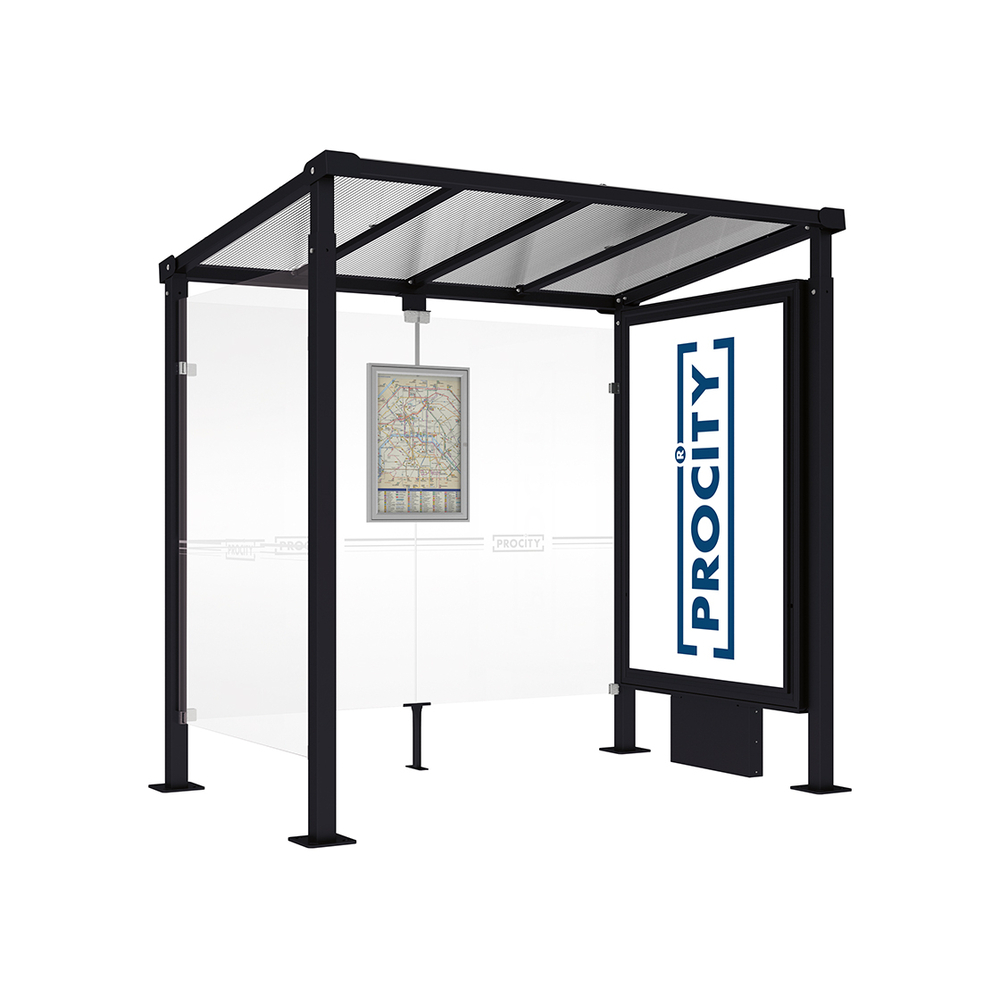 Station bus Milan RAL9005 - 2500 mm - Caisson d'infos lumineux VIP sur pied central + bardage latéral - PROCITY - 529230.9005