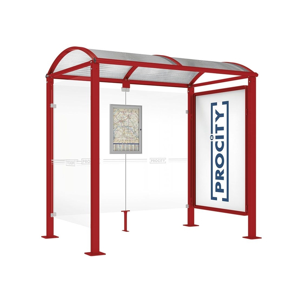 Station bus Voûte - poteaux carrés RAL3004 - 2500 mm - Vitrine 2000mm à droite et bardage gauche - PROCITY - 529338.3004