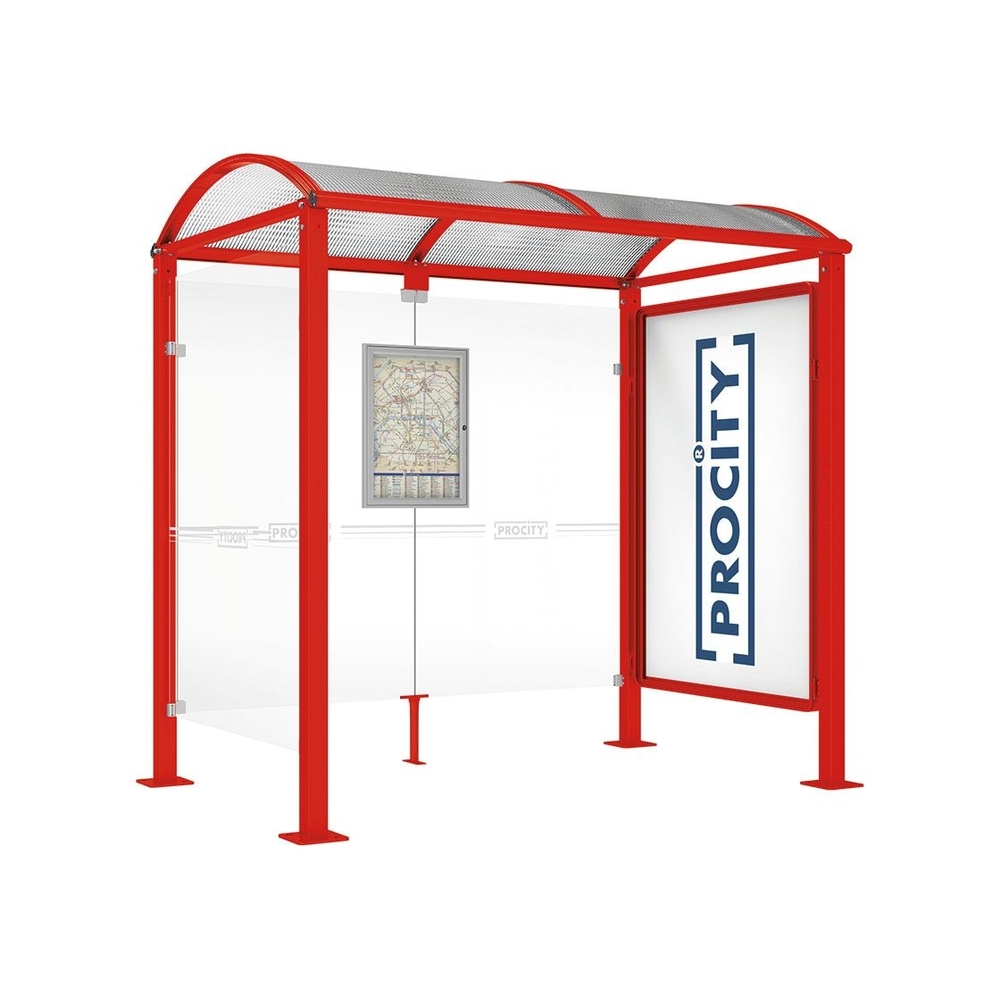 Station bus Voûte - poteaux carrés RAL3020 - 2500 mm - Vitrine 2000mm à droite et bardage gauche - PROCITY - 529338.3020