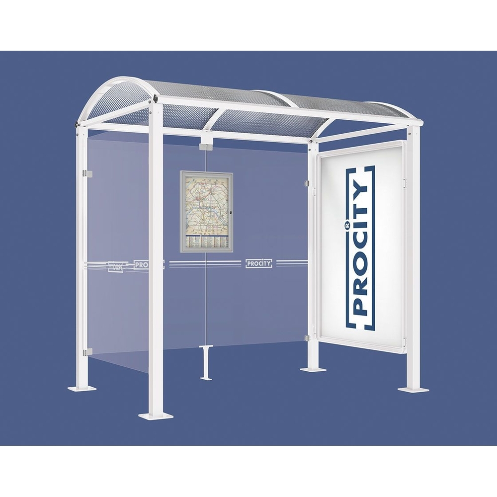 Station bus Voûte - poteaux carrés RAL9010 - 2500 mm - Vitrine 2000mm à droite et bardage gauche - PROCITY - 529338.9010