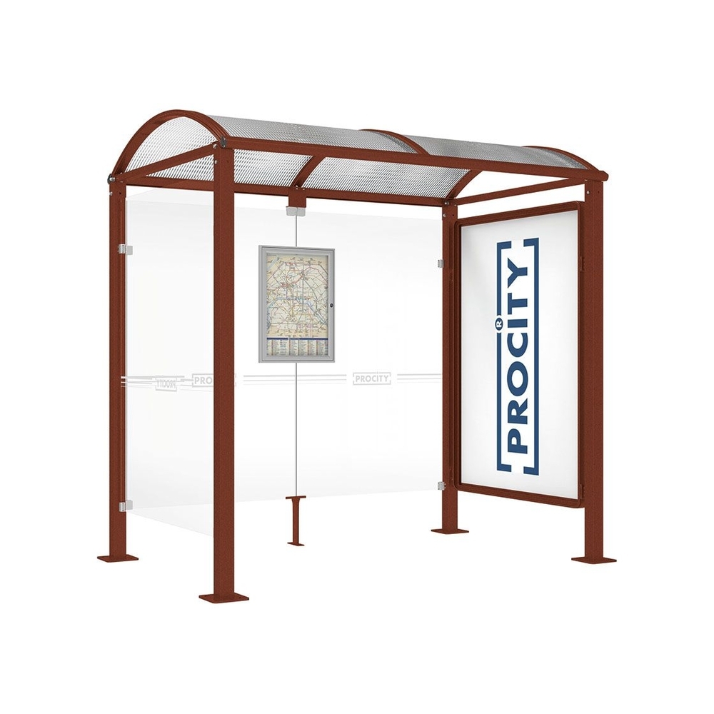 Station bus Voûte - poteaux carrés Aspect Corten - 2500 mm - Vitrine 2000mm à droite et bardage gauche - PROCITY - 529338.S025