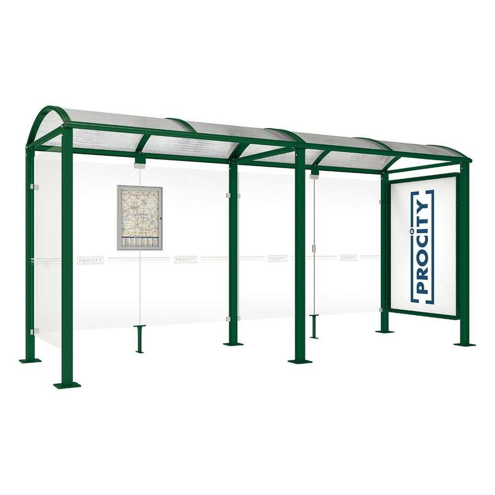 Station bus Voûte - poteaux carrés RAL6005 - 5000 mm - Vitrine 2000mm à droite et bardage gauche - PROCITY - 529339.6005