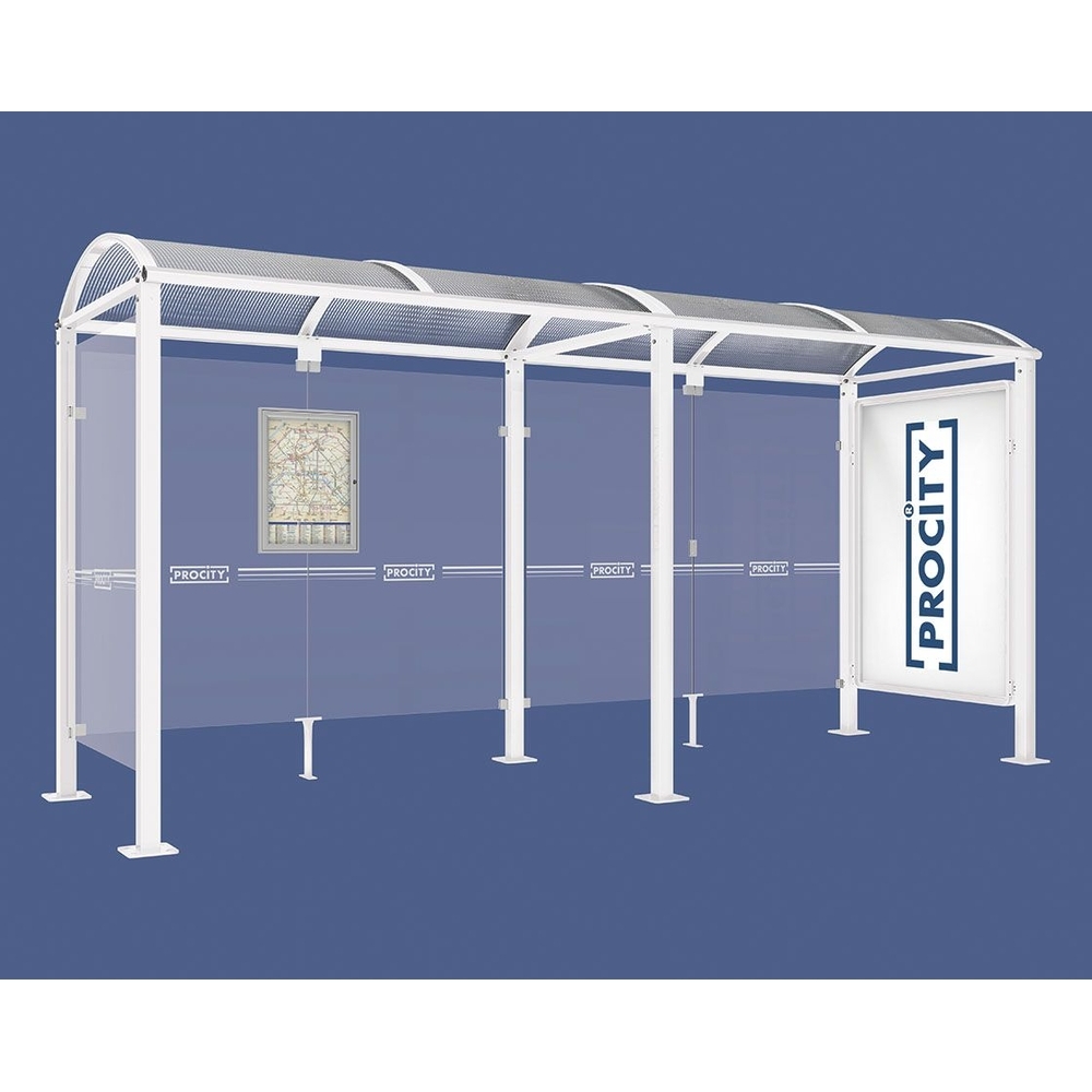 Station bus Voûte - poteaux carrés RAL9010 - 5000 mm - Vitrine 2000mm à droite et bardage gauche - PROCITY - 529339.9010