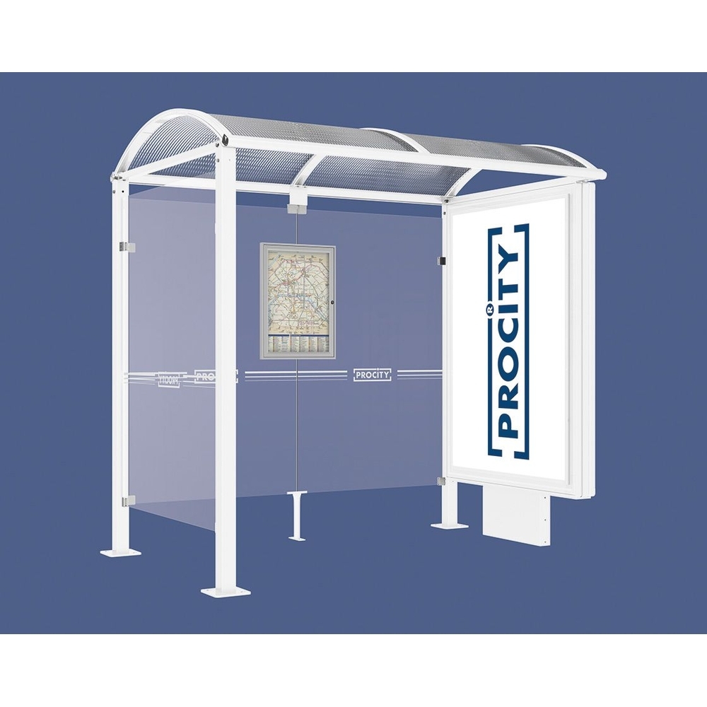 Station bus Voûte - poteaux carrés RAL9010 - 2500 mm - Caisson lumineux VIP à droite et bardage à gauche - PROCITY - 529358.9010