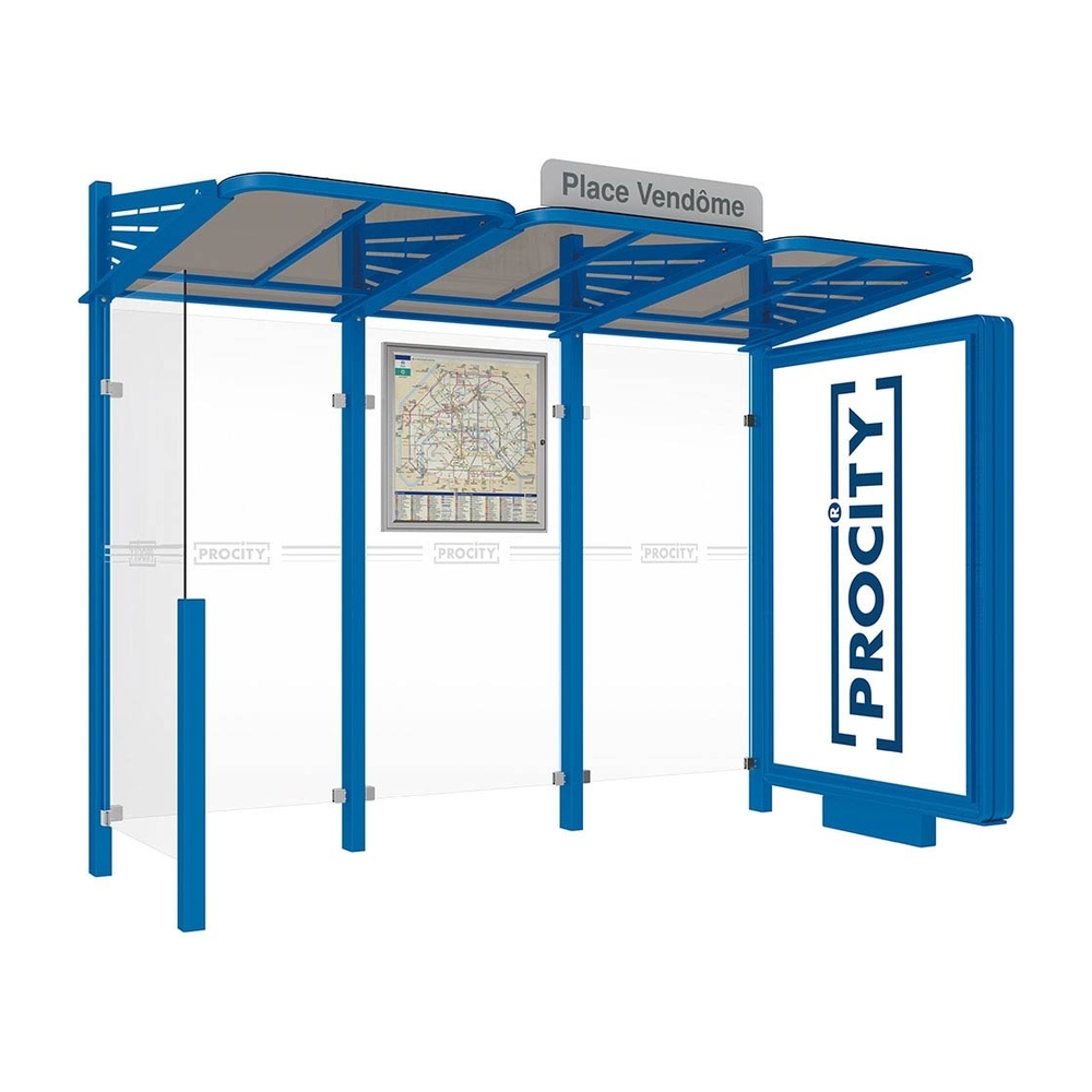 Station bus Conviviale bardages verre RAL5010 - Caisson lumineux VIP à droite et bardage à gauche - PROCITY - 529366.5010