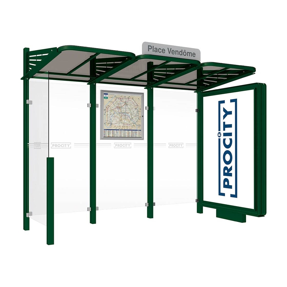 Station bus Conviviale bardages verre RAL6005 - Caisson lumineux VIP à droite et bardage à gauche - PROCITY - 529366.6005